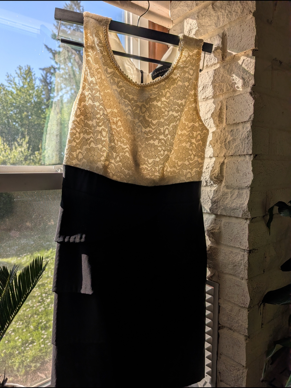 connected apparel Cream Lace Bodice Black Midi Dress